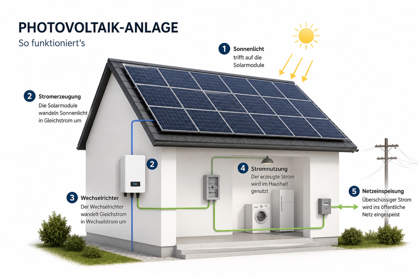 So funktioniert eine Photovoltaik-Anlage: Sonnenlicht trifft auf die Module, der Wechselrichter wandelt den Strom um, er wird im Haushalt genutzt und überschüssiger Strom ins Netz eingespeist.