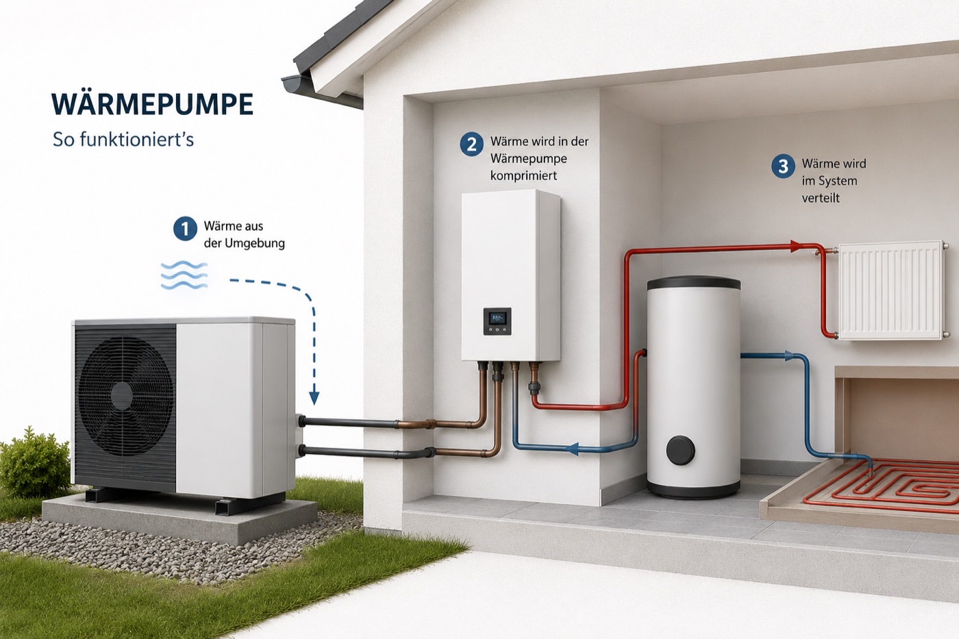 So funktioniert eine Wärmepumpe: Wärme aus der Umgebung wird in der Wärmepumpe komprimiert und anschließend im Heizsystem verteilt.